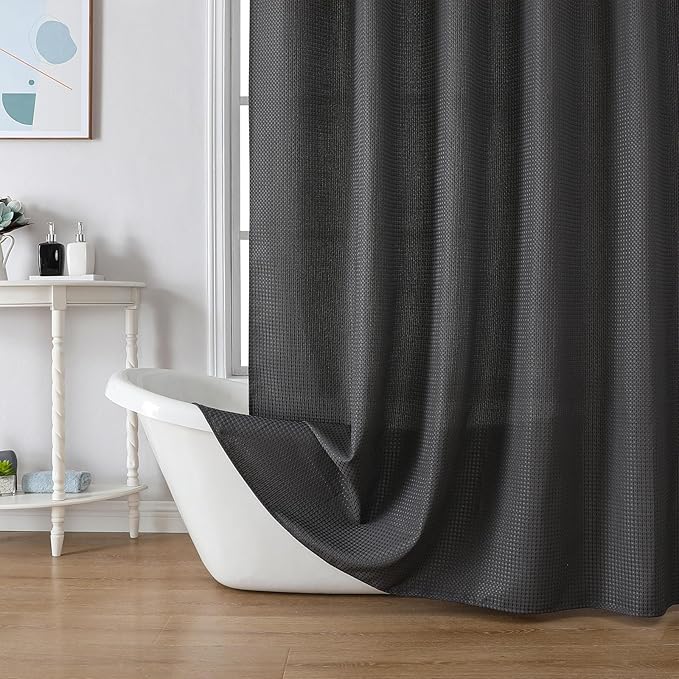 meioro Charcoal Grey Shower Curtain, Waffle Weave 256GSM Heavy Duty Textured Fabric Shower Curtains for Bathroom Hotel Spa, Luxury Weighted Polyester Cloth Bath Curtain Set with 12 Hooks, 72Wx72H