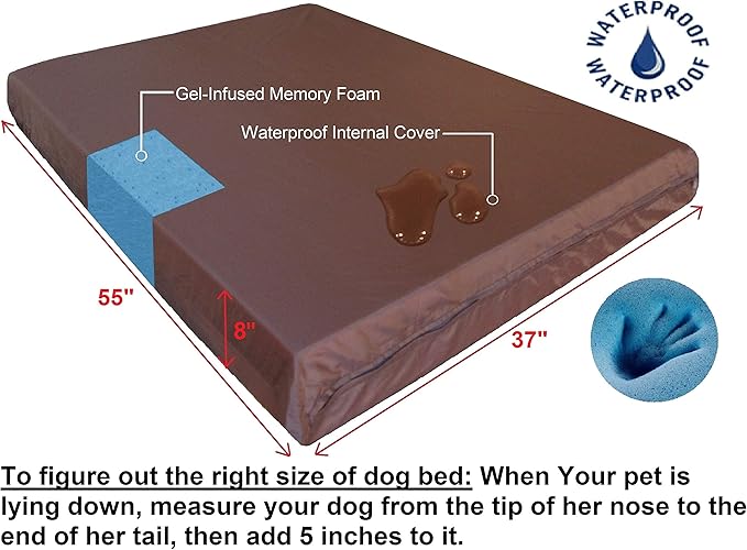 Dogbed4less Jumbo Extra Large Gel Infused Memory Foam Dog Bed with Microsuede Cover and Waterproof Liner, 55X37X8 Inches, Grey