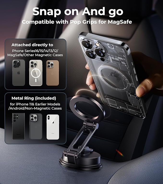 【Vacuum Suction Folding Car Mount】Magnetic Car Phone Holder for magsafe, Aerospace Alloy Arm, Best Dashboard/Windshield/Screen Holder for Your Car/Tesla/Gym/Mirror/Shower/Smooth Surface/iPhone