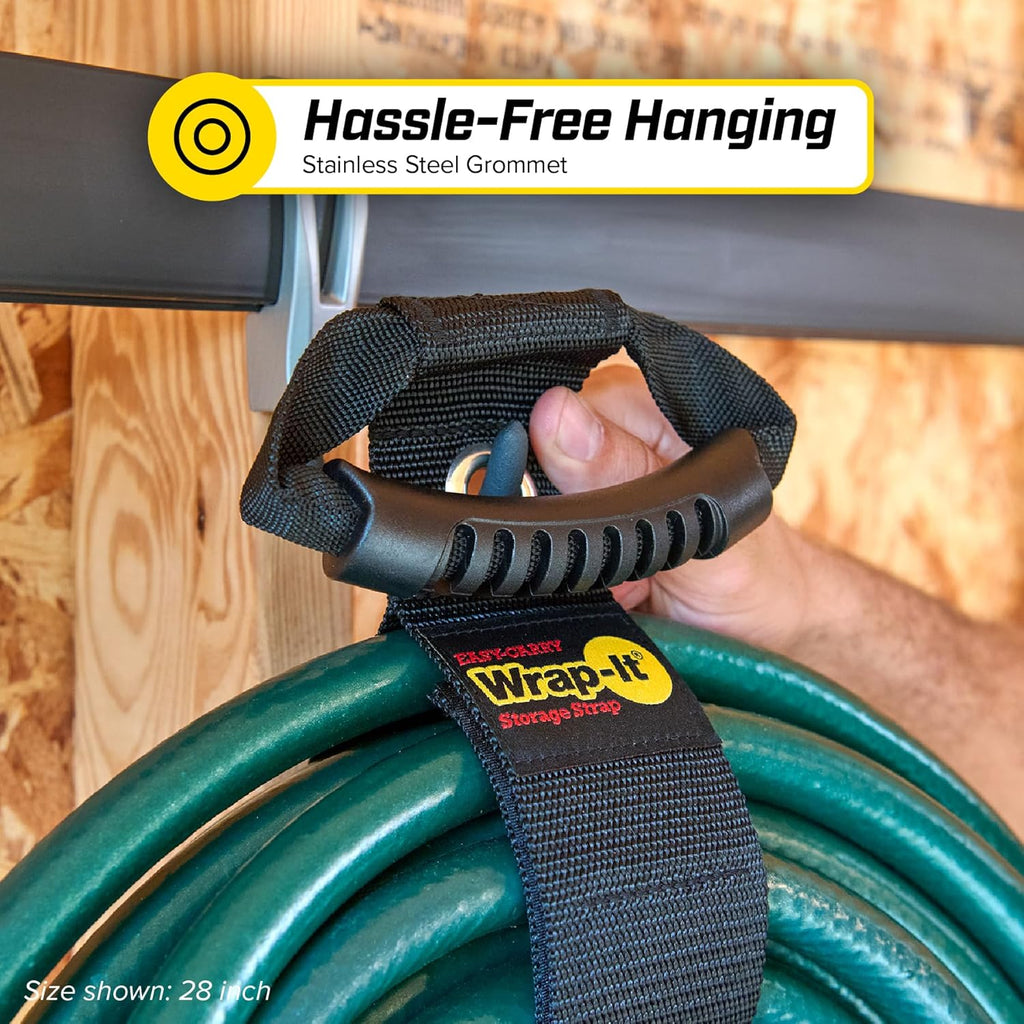 Easy-Carry Wrap-It Storage Straps - 48” (2-Pack) Black with Grommet - Garden Hose Caddy and Cord Wrap for Indoor and Outdoor Cable Organizing