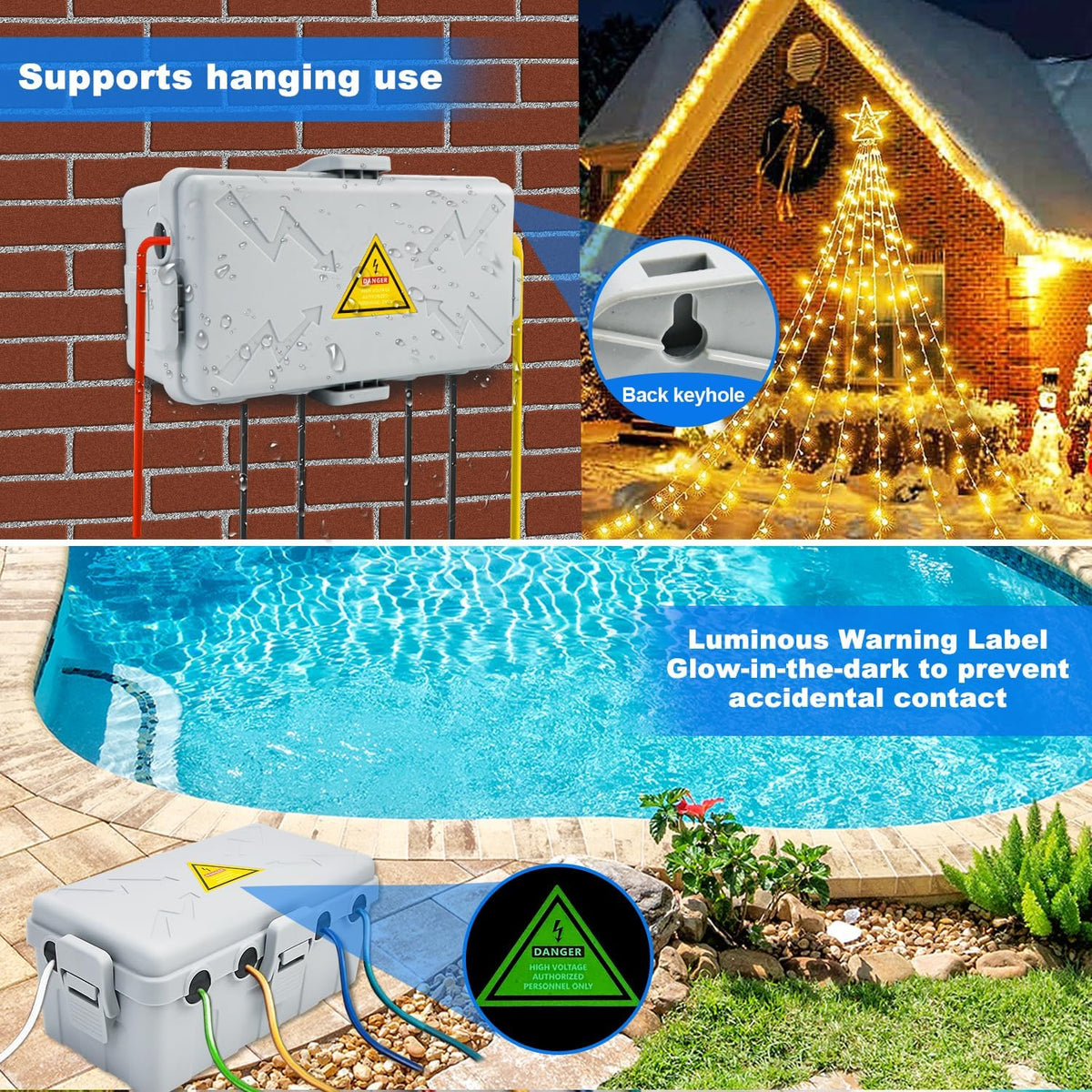 Hrensaw Medium Outdoor Electrical Box(10.6x5.5x4.5inch),Weatherproof Connection Box w/6 Cable Entry,IP54 Waterproof Extension Cord Cover Protect Power Strip,Timer,Plug,Holiday Lights,Grey