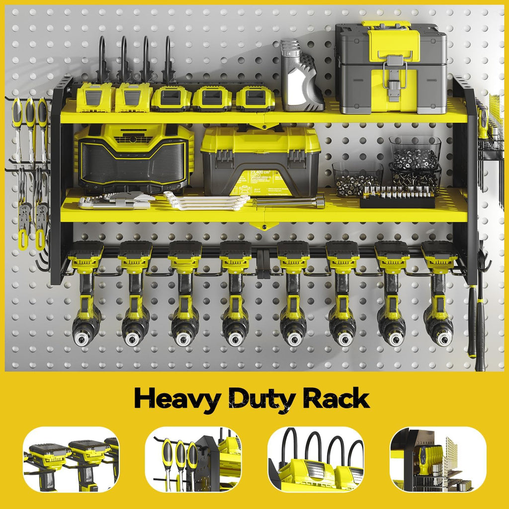 SOYEEZE Large Power Tool Organizer Wall Mount with Charging Station, 3 Layer Heavy Duty Metal Tool Storage Rack with 8 Drill Holder, Tool Holder Built in 8 Outlet Power Strip (Green)