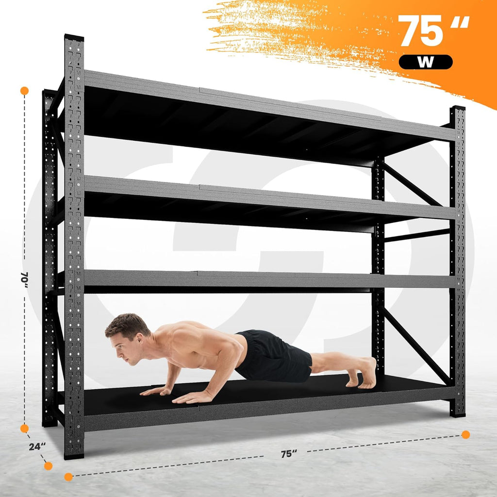 75” W Heavy Duty Metal Shelf, 8000LBS Metal Garage Shelving Units, 4 Tier Storage rack shelves, Steel Industrial Shelving , Adjustable Standing Shelf for Basement/Warehouse 75"W x 24"D x 70"H, Black
