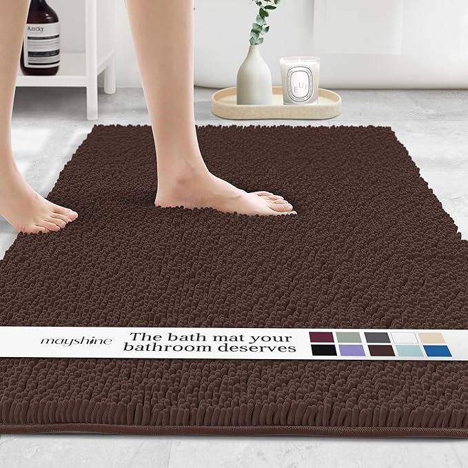 MAYSHINE Plush Shaggy Chenille Bath Mat | Extra Soft, Super Absorbent, Non-Slip Bathroom Rug | Fluffy Microfiber, Area Rug Sets for Bathroom Floor, Kitchen, Living Room | 47"x27" | Brown