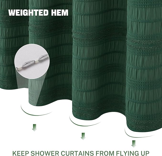 Siiluminisoy Extra Long Dark Green Boho Shower Curtain 72 x84 Cotton Blend Tufted Fabric Waffle Textured Farmhouse Shabby Chic Rustic Minimalist Striped for Bathroom, Hotel