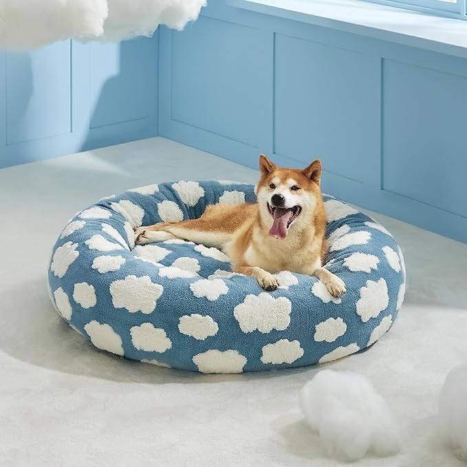 Lesure Shown on TV Donut Dog Beds Large Size Dog - XL Calming Round Sofa as Present for Pets with Washable Cover, Orthopedic Home Decor Bed with Jacquard Shaggy Plush & Anti Slip Bottom, 36 Inch，Blue