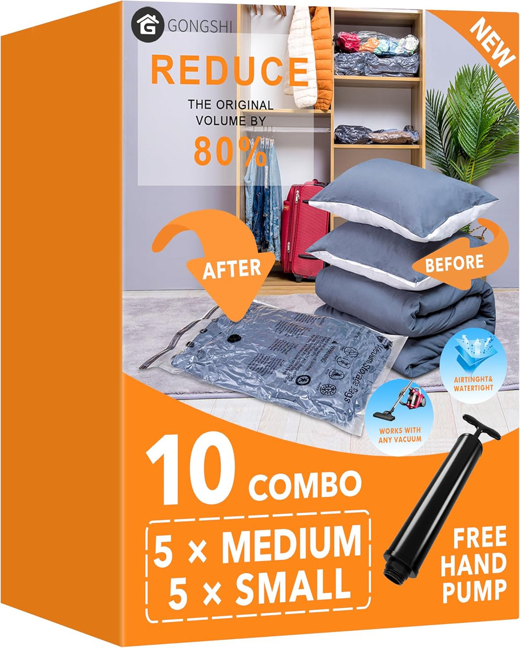 Vacuum Storage Bags (5 x Medium, 5 x Small), Space Saver Sealer Compression Bags with Travel Hand Pump for Blankets, Comforters, Pillows, Clothes Storage