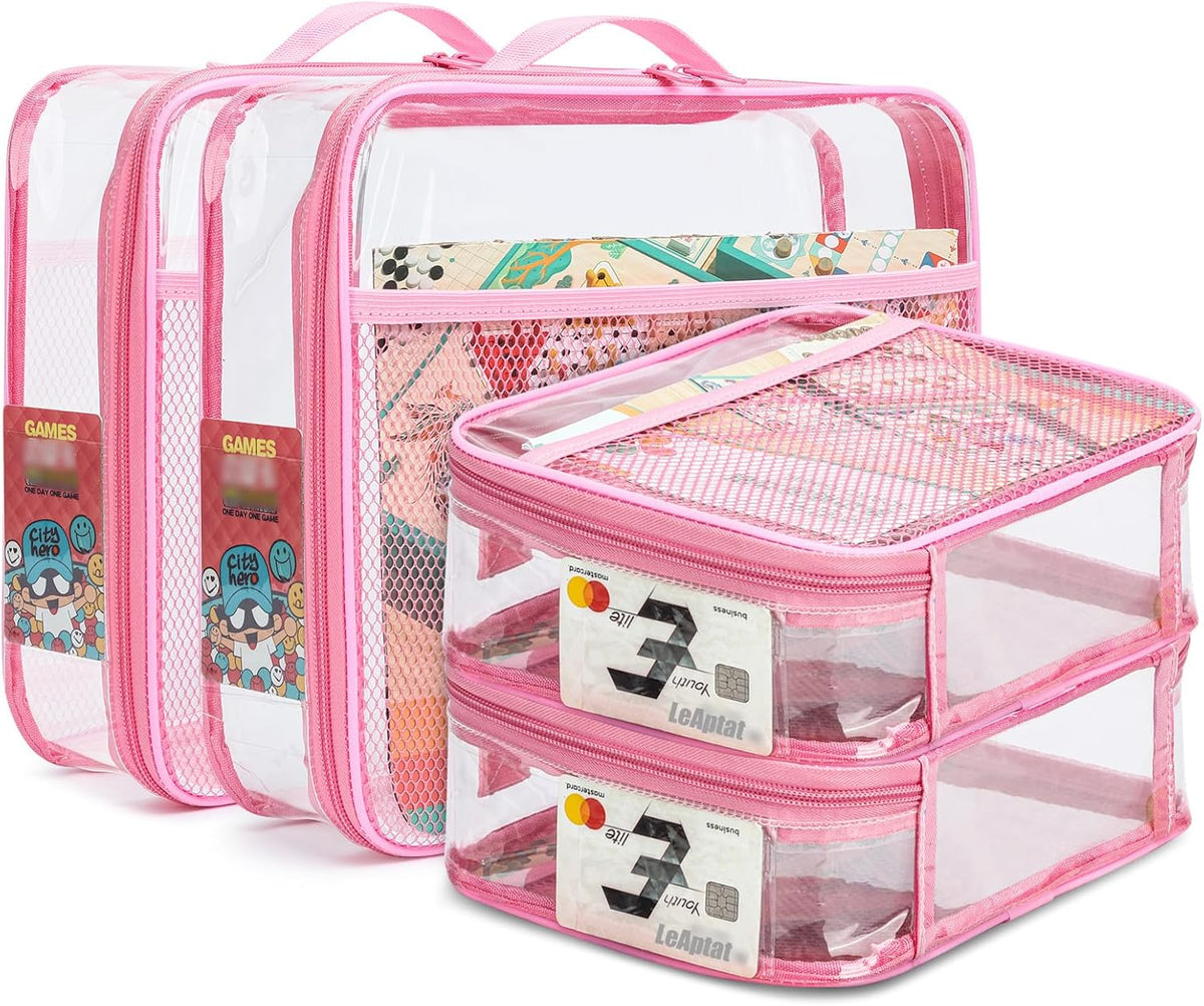4 Pack Clear PVC Zippered Toy Storage Bags for Toy, Kids Toy, Building Blocks, Puzzle, Clay, Board Game Storage Organizer Travel Waterproof Toy Bag With Name Tag Pocket (Pink, L & S)