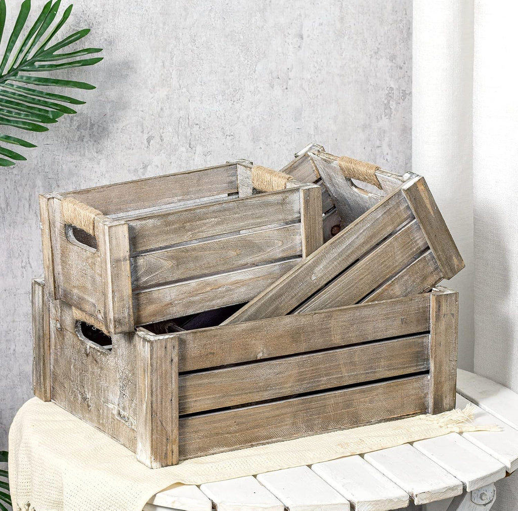 TIMRIS Set of 3 Rustic Wood Nesting Crates, Farmhouse Wooden Storage Container Boxes with Cutout Handles, Decorative Wooden Baskets for Display (Rustic Gray)