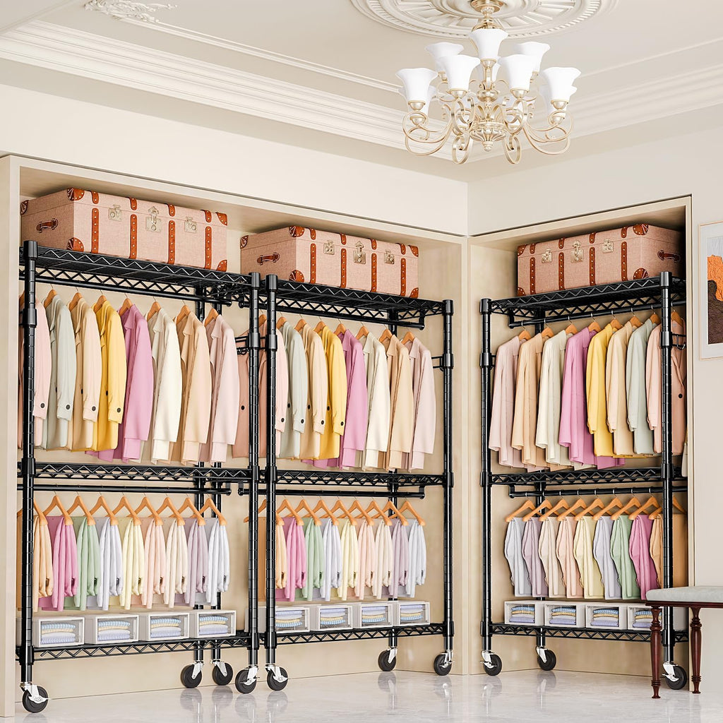 Heavy Duty Rolling Garment Rack 3 Tiers Adjustable Wire Shelving Clothes Rack with 2 Rods and Side Hooks, Storage Closet Clothing Rack with Wheels Black 17.7" D x 47.2" W x 83.6" H