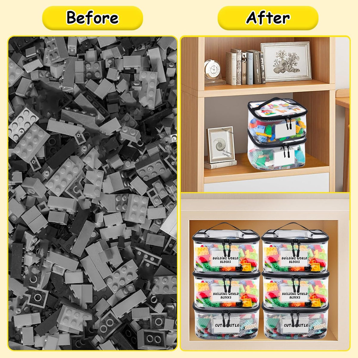 6 Pack Clear Toy Storage Bag with Name Tag& Manual Pocket, Waterproof Transparent PVC Toy Organizer Case for Lego Bricks, Board Games, Building Blocks, Puzzles (Large Capacity, Black)