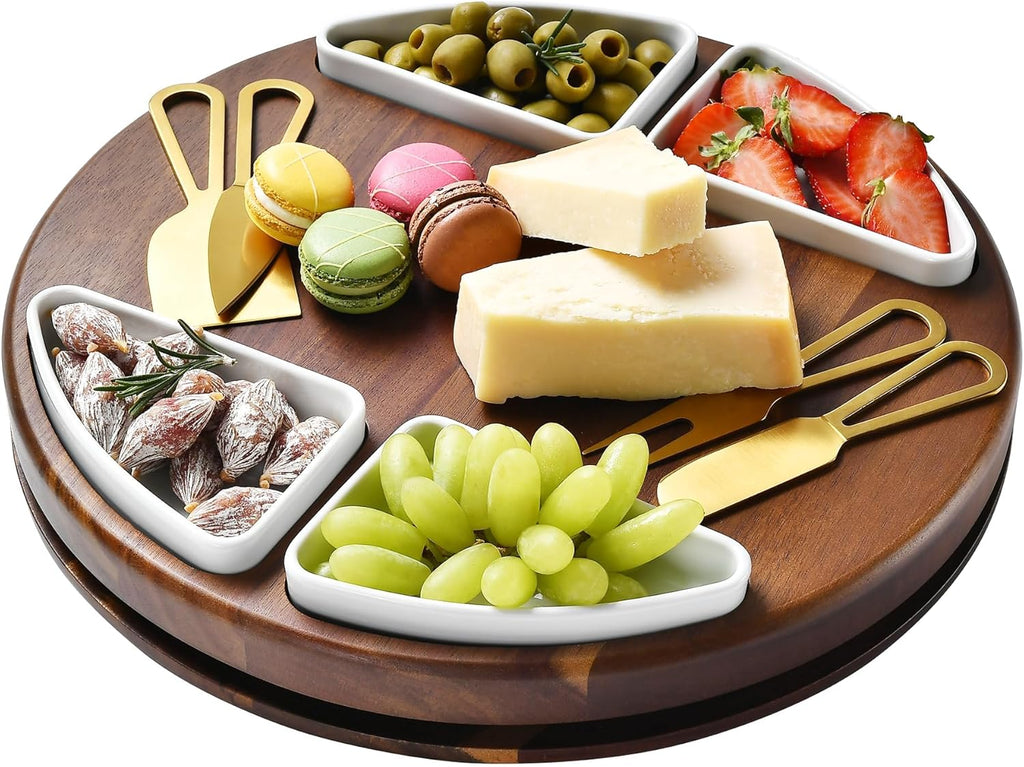 Shanik Upgraded Lazy Susan Cheese Cutting Board Set - Round Acacia Charcuterie Board With 4 Ceramic Bowls - Wedding Gifts - Cheese Serving Platter - Bridal Shower