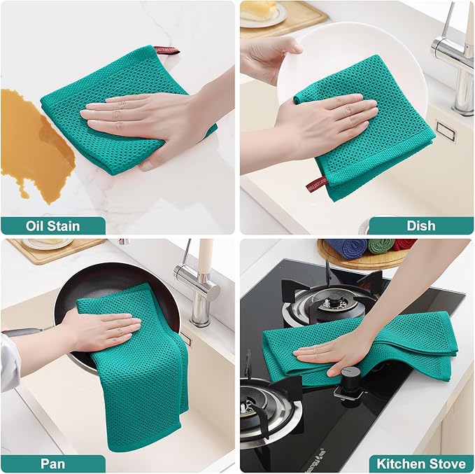 Homaxy 100% Cotton Kitchen Towels and Dishcloths Set, 12 x 12 Inches and 13 x 28 Inches, Set of 12 Bulk Kitchen Towels Set, Ultra Soft Absorbent Dish Cloths for Washing Dishes, Teal