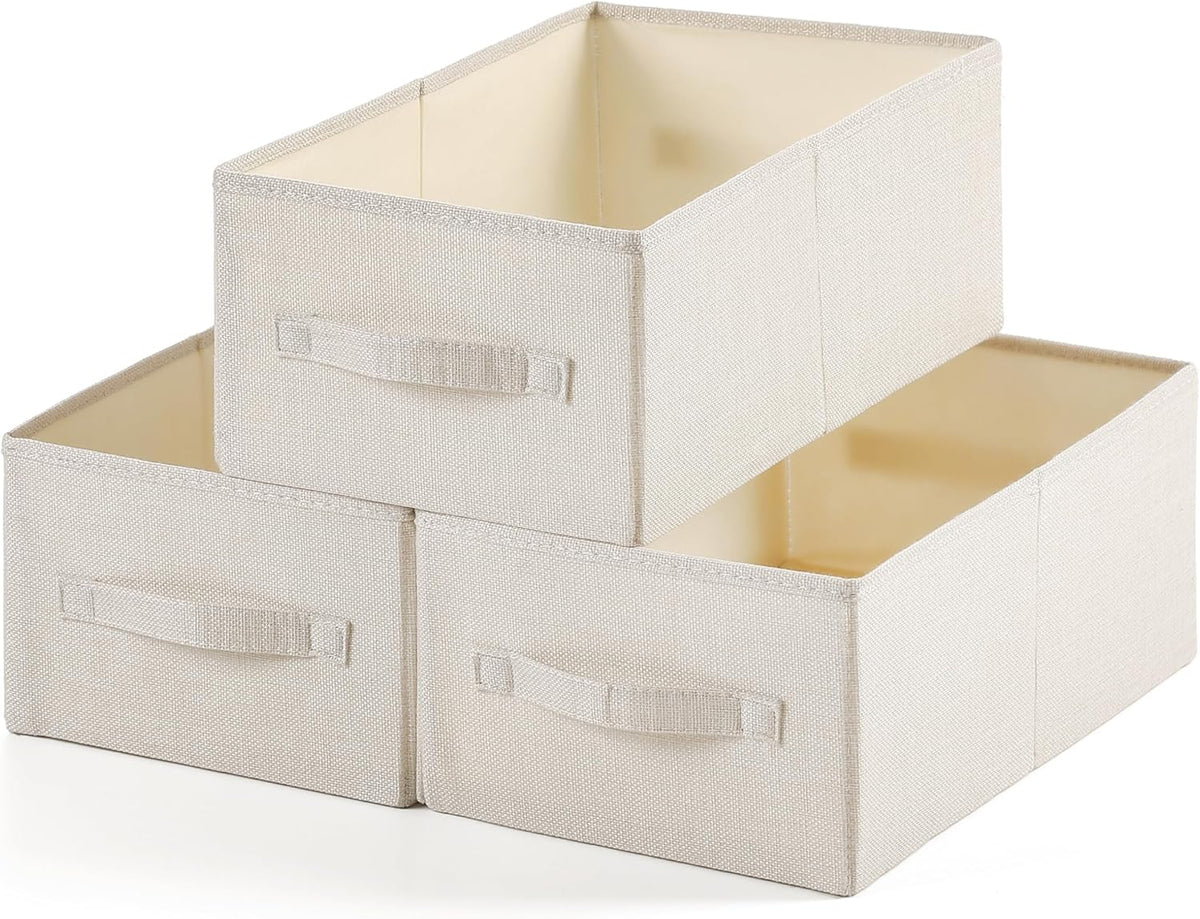 Linen Folding Storage Bins, 3 Pack Large Storage Baskets, Washable, Clothing Storage Bins with Handle, Closet Organizer for Storage Sweater,Sheets (Beige, 16"x9½"x6¾")