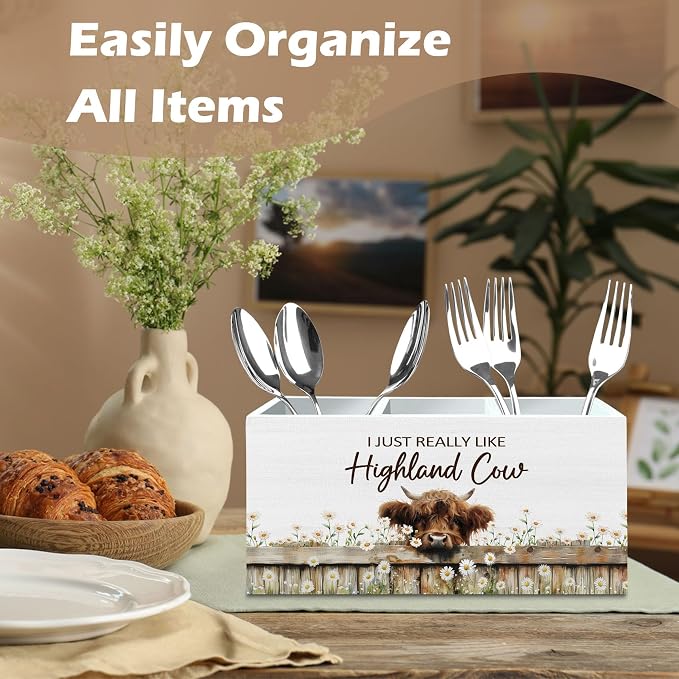 DILSJ Highland Cow Decor Pen Pencil Holder Organizer for Desk, Highland Cow Gifts for Women, Love Your Till the Cows Come Home Wooden Box Signs for Home Office Desk Tabletop Decoration