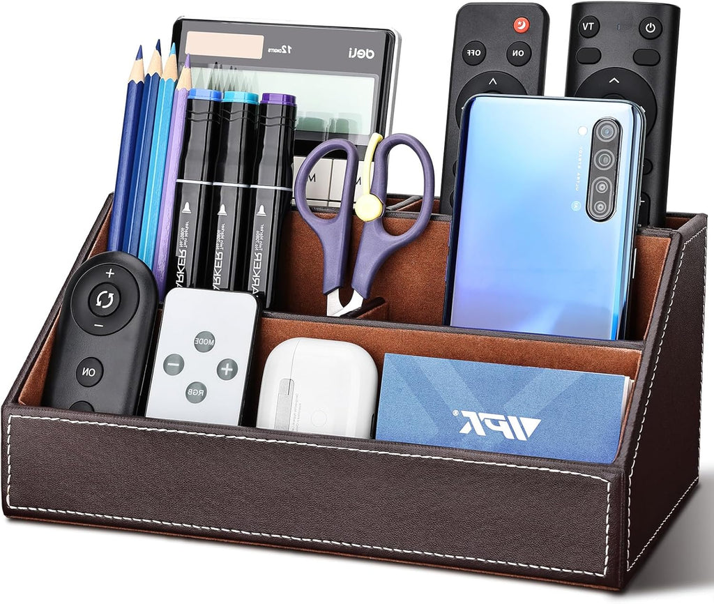 KINGFOM Pu Leather Desk Organizer with 5 Compartments Holder, Multi-Functional Office Supplies Storage Caddy for Pen/Pencil, Phones, Remote Controller and Desktop Accessorie Brown