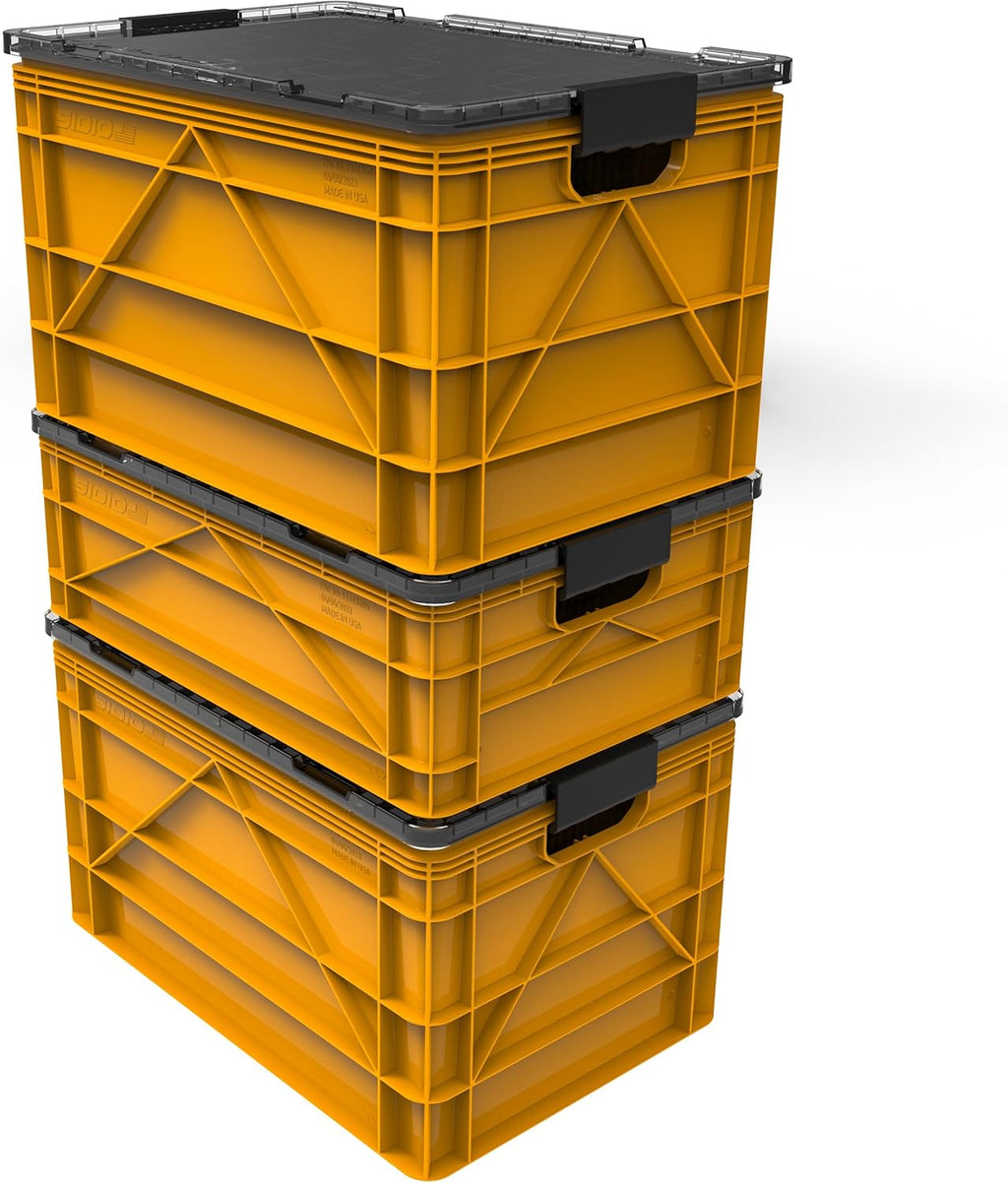 SIDIO CRATE Pro Pack - Two Full Size and One Half Size Heavy Duty Stackable Storage Bins, Totes and Containers with Lids and Dividers - Durable Organizer for Home, Office, Garage, and Outdoor Use