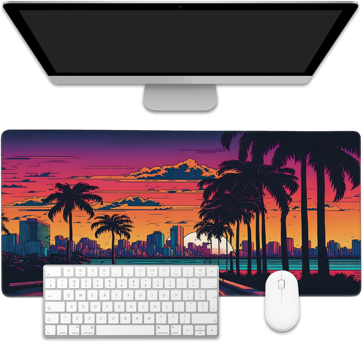 Mouse Pad,Orange Purple Miami Landscape Desk Mat for Desktop,Desk Pad with Non-Slip Base and Stitched Edge,Extended Mousepad for Office and Home 35.4X15.7 Inch