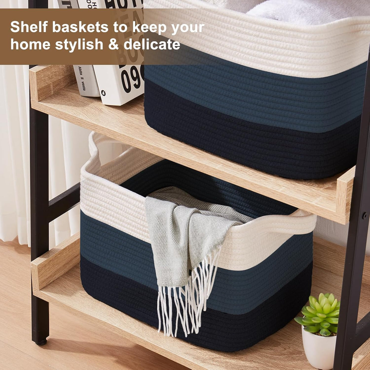 Storage Basket for Organizing, Woven Baskets for Storage, Rectangle Decorative Baskets for Shleves, Closet, Toys, Books, Nursery Organizer Bins - Pack of 3 (Gradient Blue, 13"x9.85"x8.7")