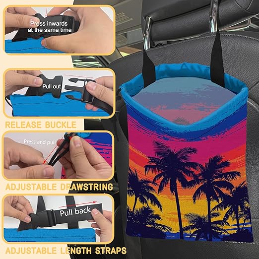 Tropical Palm Trees Car Trash Bag,Beach Sunset Strap Drawstring Car Garbage Bags,Car Back Seat Organizer with Adjustable Buckle for Car Accessories