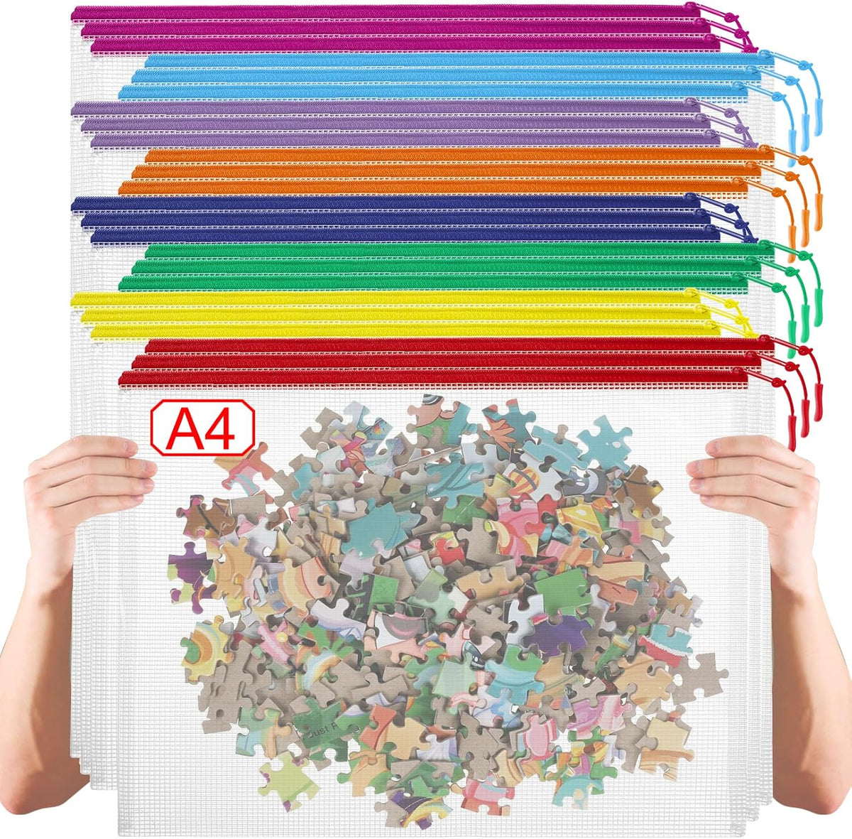 24 Pack 8 Color A4 Mesh zipper pouch bags, Storage Bags, File Bags for Classroom Organization, Zipper Pouches of office supplies, Puzzles, Board Game Storage