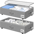 2 Pack Under Bed Storage with Wheels 6.7" Height, Rolling Storage Bins XL 50L, Underbed Shoe Storage Containers with Label & Clear Lid, Dorm Under bed Drawers for Clothes, Shoes, Quick Assembly, Grey