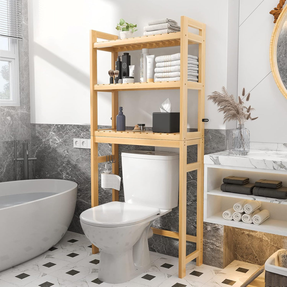 Homykic Over The Toilet Storage, 3-Tier Bamboo Bathroom Shelf with 3 Hooks, Above Toilet Organizer Rack Freestanding for Small Space, Restroom, Laundry, Easy Assembly, Natural