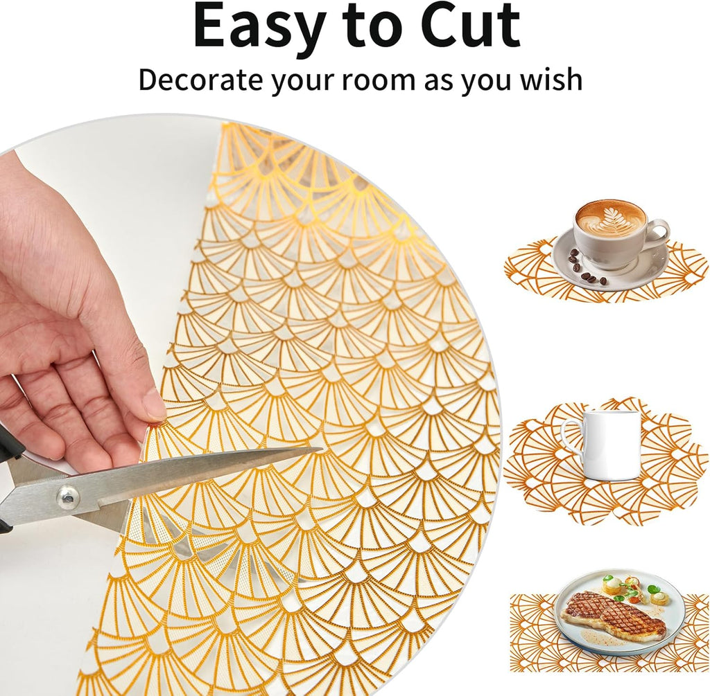 3D Drawer and Shelf Liner for Kitchen Cabinet: 12 in X 30 Ft Waterproof Shelf Paper Non Adhesive Refrigerator Liners Golden Ginkgo Leaf Easy Liners for Bathroom with Knife Tape Measure
