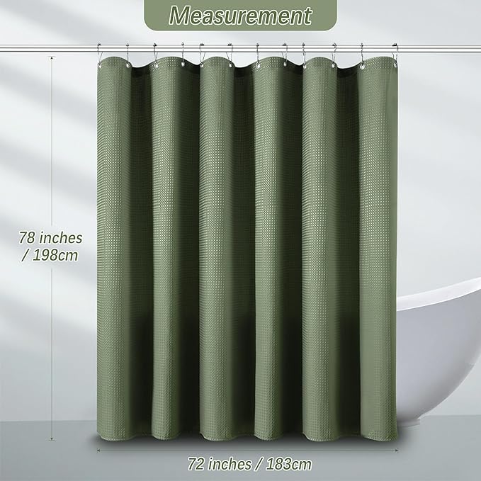 PANGSINNE Sage Green Shower Curtain for Bathroom Waffle Textured Heavy Duty 78 Inch Shower Curtain Set for Bathroom, Water Repellent 256GSM Neutral Fabric Shower Curtains with 12 Metal Hooks, 72Wx78H