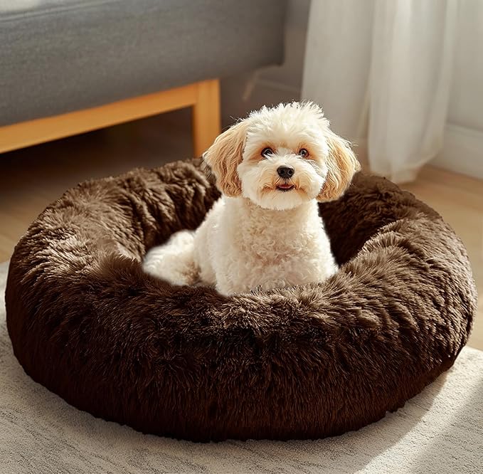 JOLLYVOGUE Dog & Cat Bed, Calming Anti-Anxiety Pet Bed for Small Dogs, Fluffy Donut Cushion for Small and Medium Pets (23")
