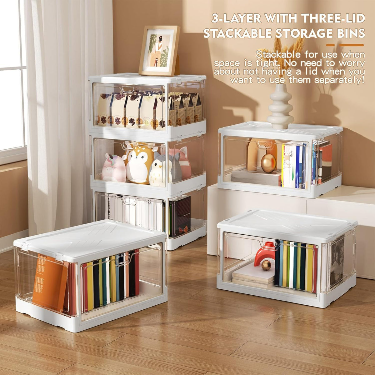 Clear Storage Bin with Lid 3 Pack 【Stackable & Sturdy】 Plastic Multifunctional Folding Storage Bins for Bedroom, Living Room, Study,Room, 23 QT Folding Box with Magnetic Door