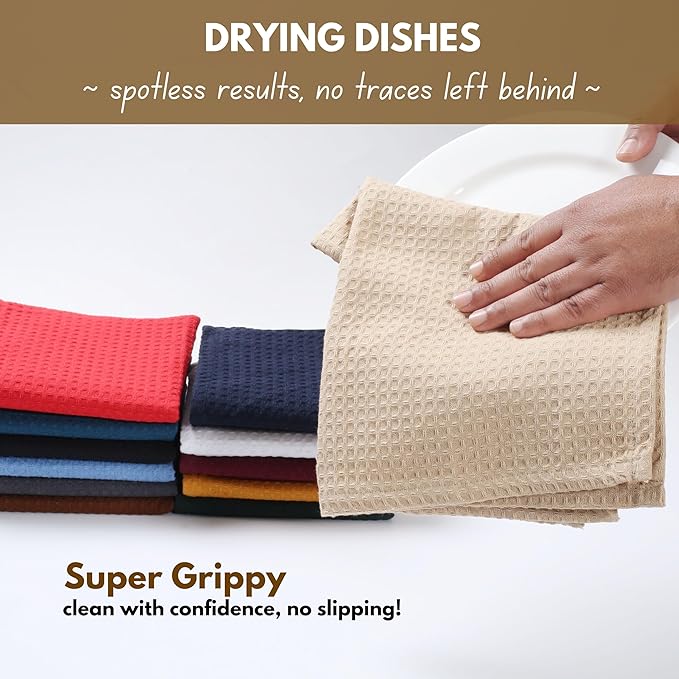 Native Fab Waffle 12 Pack Dish Cloths - 100% Cotton, Absorbent, Quick Drying, Washable Towels for Cleaning, Cooking & Baking - Great for Daily Use, Home, Restaurants, Cafes - 12" x 12" - Beige
