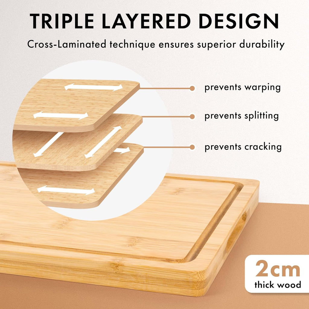 Bamboo Wooden Cutting Boards for Kitchen, Cutting Board Set of 3, Chopping Boards with Juice Groove for Meat, Cheese & Vegetables - Durable, Double sided wood cutting board with serving Compartments