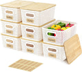 8 Pack Plastic Storage Bins with Bamboo Lids - Stackable Storage Baskets with Handle for Pantry Organizer and Storage, Plastic Containers Bins for Kitchen Bathroom Classroom Office Shelves