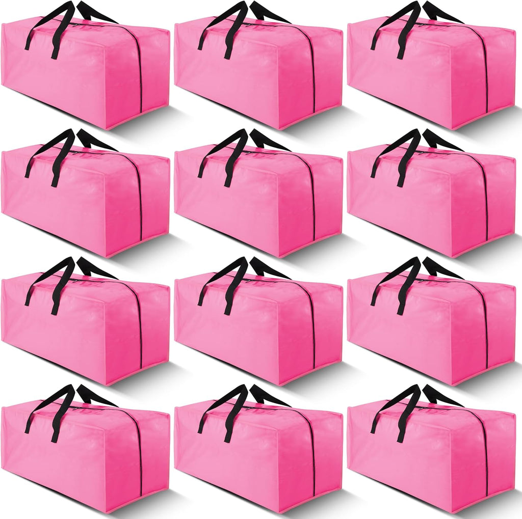 Cosy Family 12 Pack Heavy Duty Extra Large Moving Bags with Backpack Straps - Strong Handles & Zippers, Storage Totes For Space Saving, Fold Flat, Alternative to Moving Box, Pink