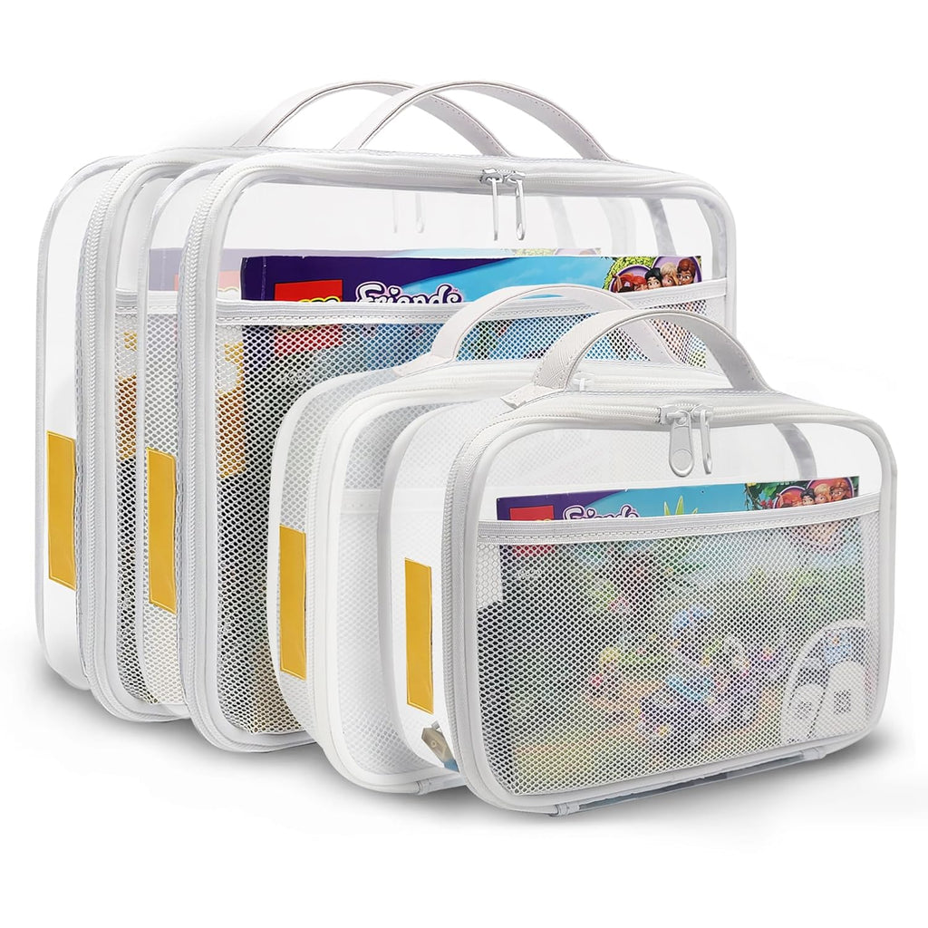 holay 4 Packs PVC Zippered Blocks Set, Toy, Clay, Board game Storage Organizer Case (Name Tag, Manual Pocket) (White, Small, Large)