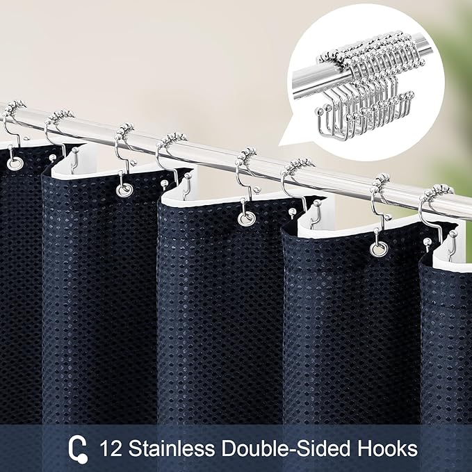 Craidlela 3 in 1 Extra Long Navy Blue Shower Curtain Set-72 W x 84 H, Modern Waffle and PEVA Liner Set with 12 Stainless Steel Hooks, Waterproof Fabric for Bathroom