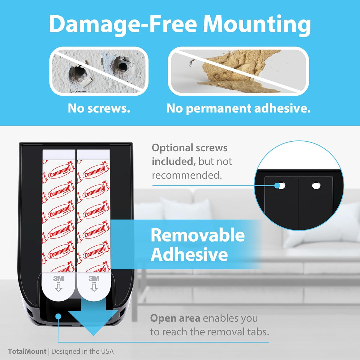 TotalMount Hole-Free Remote Control Holder – Eliminates Need to Drill Holes in Your Wall (Black, Quantity 1)