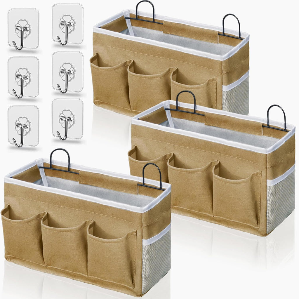 2pcs 3-pockets Large Wall Hanging Organizer Bag, Linen Fabric Door Hanging Storage Baskets with Pockets, Waterproof Bin for Kitchen, Bedroom, Office, RV Camper (Khaki-3pcs)