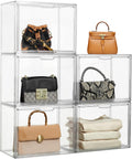 Purse Organizer for Closet, 5 Pack Clear Acrylic Display Case for Purse Handbag Storage, Stackable Purse Storage Boxes with Magnetic Door for Collectibles, Wallet, Cosmetic