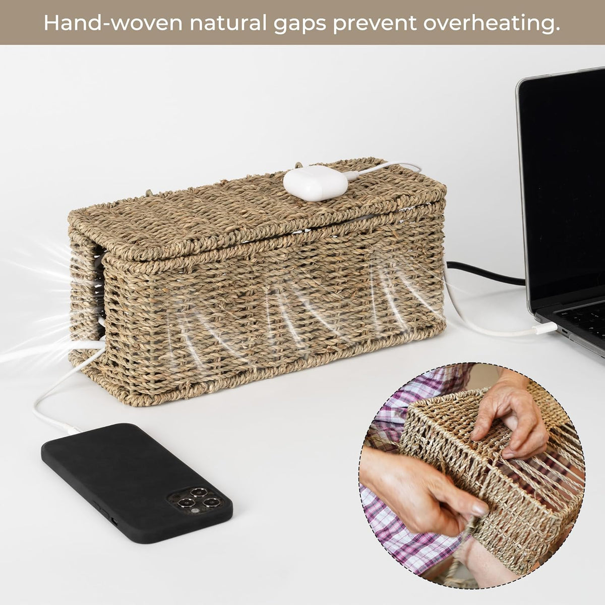 StorageWorks Cable Management Box, 2 Slots Wicker Cable Organizer to Hide Cords and Power Strip, Seagrass Cord Hider Box for Home & Office