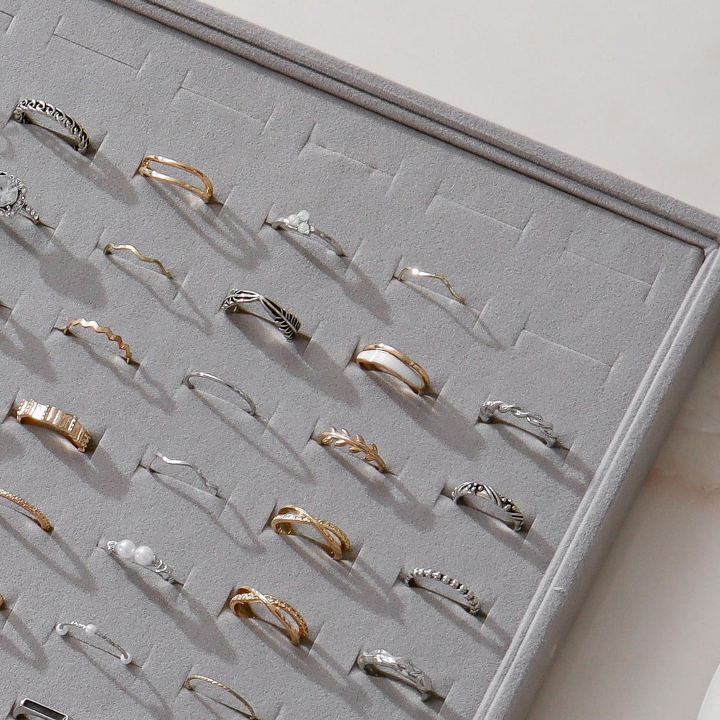 Large Velvet Jewelry Tray 2 Pack Stackable Jewelry Display Drawer Inserts Trays Organizer for Earring Bracelet Necklace Ring (Gray, Ring 81 Slots)