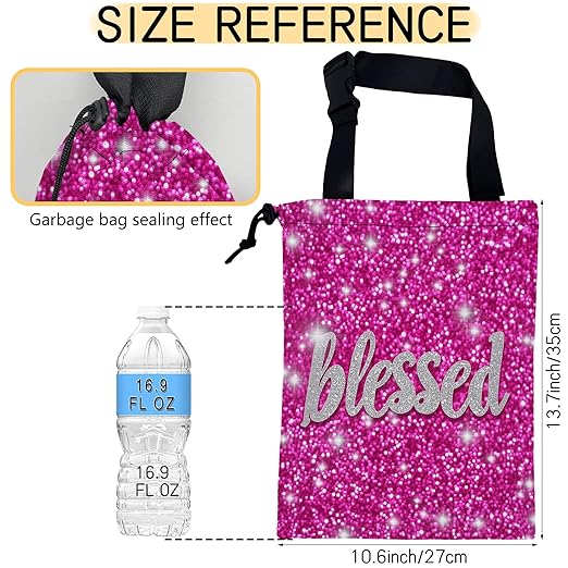 Blessed Car Garbage Bag,Pink Glitter Small Car Trash Bag Hanging Back of Seat,Drawstring Car Trash Bag with Adjustable Buckle,Car Accessories for Camping Travelling
