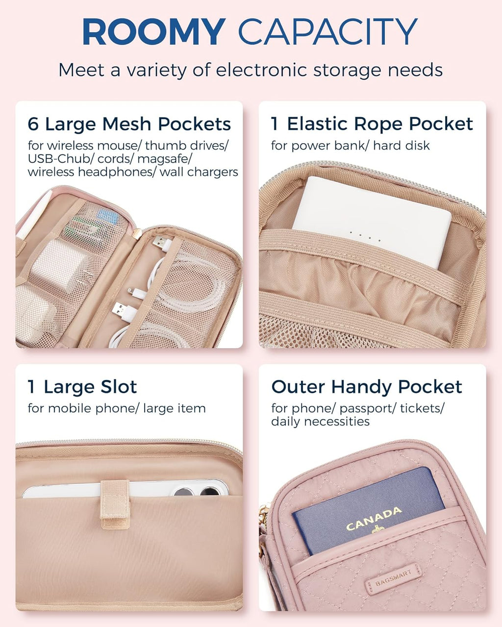 BAGSMART Electronic Cord Cable Organizer Travel Bag Case, Double Layers Tech Electronic Bag, Essentials for Charger, Cable, Phone, Flash drive, Pink