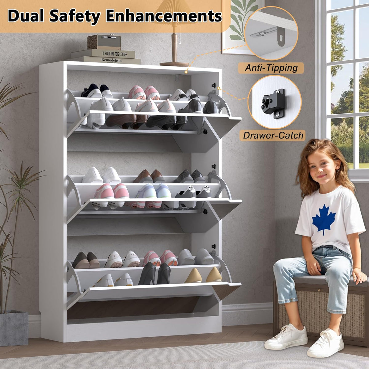 Shoe Cabinet with 3-Flip Mirror Drawers, Freestanding Shoe Rack Organizer with Hidden Handle, Slim Narrow Shoe Storage Cabinet for Entryway, Entrance, Hallway, Bedroom