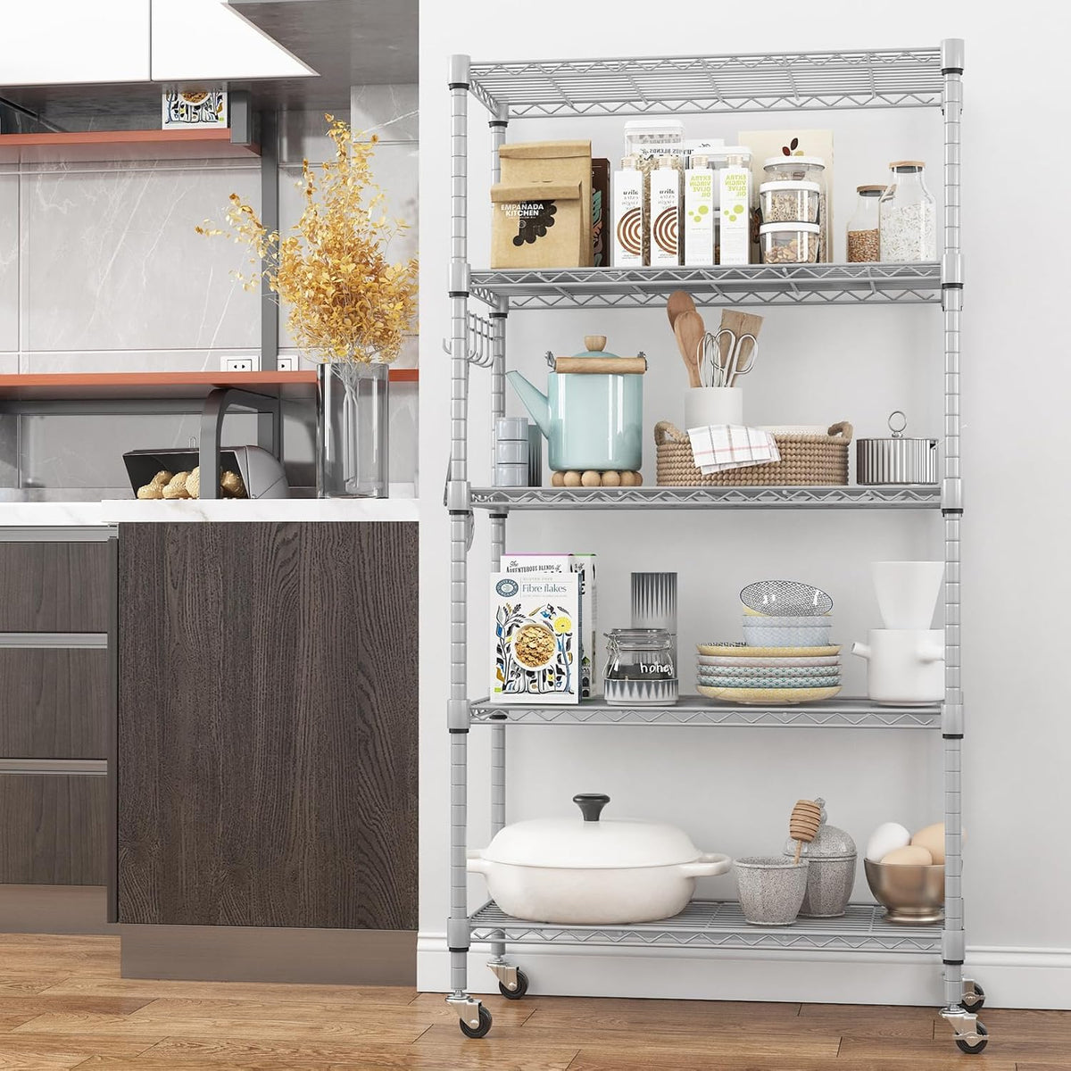 Himimi 5-Tier Storage Shelf Wire Shelving Unit on Wheels, Adjustable Heavy Duty Metal Shelves with Side Hooks, Steel Rack Organization for Kitchen Garage Basement, Silver