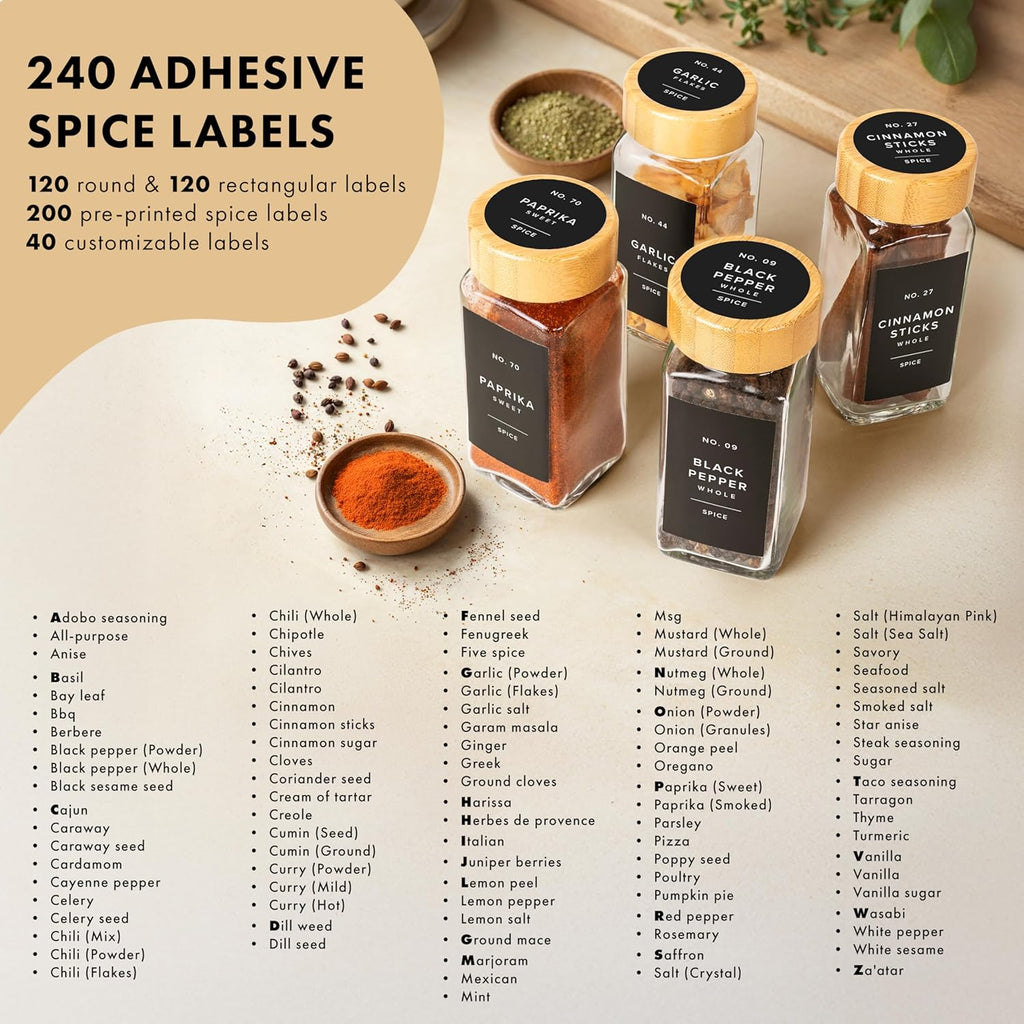 EDELHAUS® Square Spice Jars with Bamboo Wooden Lid (Pack of 24) Spice Jars with Shaker Insert and 240 Labels - Bamboo Lid Glass Container for Spice Organisation [4.3 in × 1.8 in]