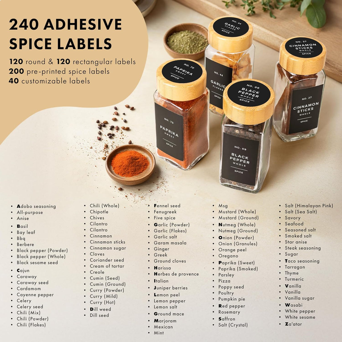 EDELHAUS® Square Spice Jars with Bamboo Wooden Lid (Pack of 24) Spice Jars with Shaker Insert and 240 Labels - Bamboo Lid Glass Container for Spice Organisation [4.3 in × 1.8 in]