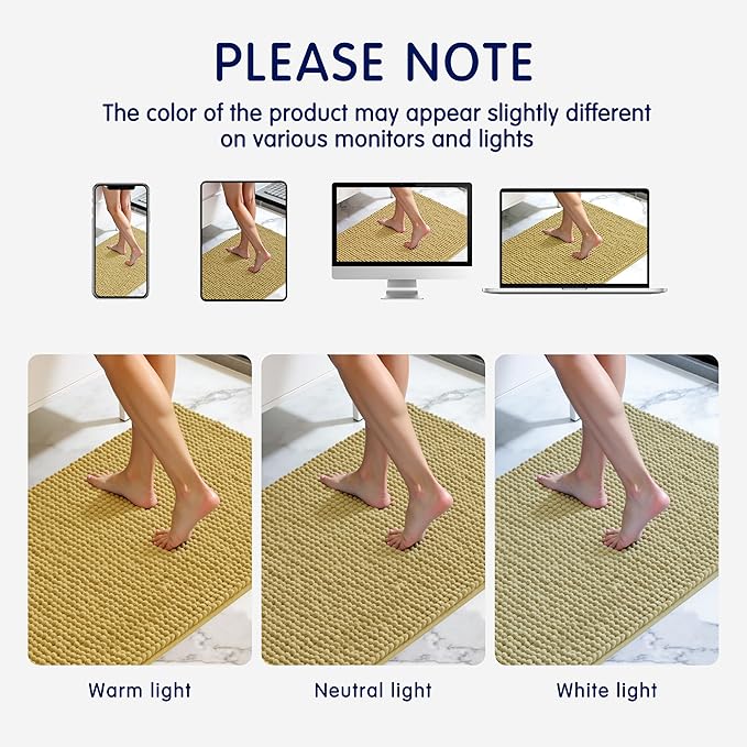 SUBRTEX Bathroom Rugs Chenille Bath Rug, Soft Short Plush Bath Mat, Water Absorbent Shower Mat, Quick Dry Machine Washable(Yellow, 16" x 24")