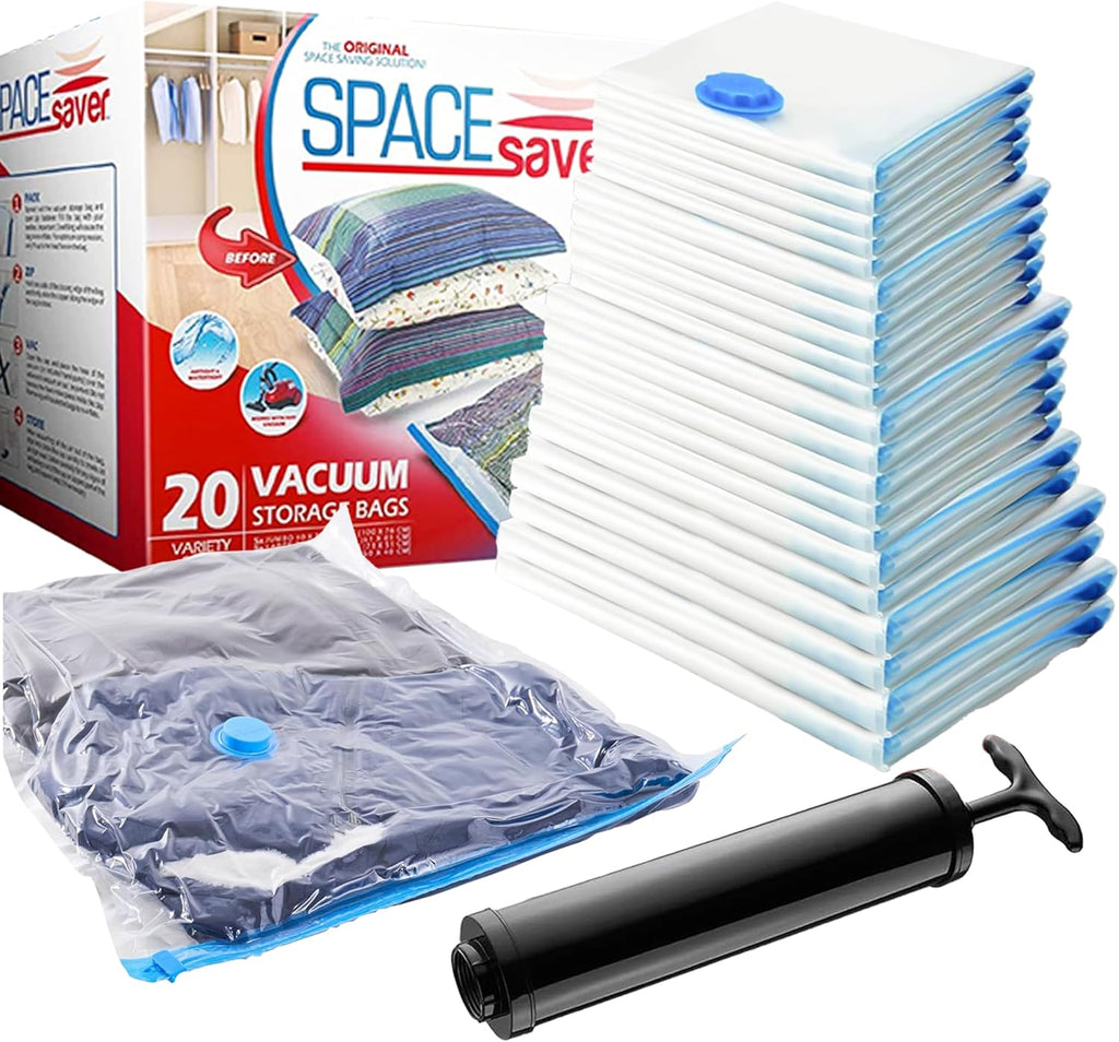 20-Pack Variety Vacuum Storage Bags for Comforters, Blankets & Clothes – Vacuum Sealed Compression Bags with Hand Pump – Space Saver Storage Bags for Bedding,Travel & Organization (5S, 5M, 5L & 5XL)